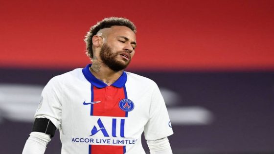 (FILES) In this file photo taken on May 09, 2021 Paris Saint-Germain's Brazilian forward Neymar reacts during the French L1 football match between Stade Rennais Football Club and Paris Saint-Germain at the Roazhon Park stadium in Rennes, northwestern France. - Neymar was suspended for the final of the French Cup against Monaco by the Disciplinary Committee of the Federation (FFF) held on May 14, 2021. (Photo by FRED TANNEAU / AFP)