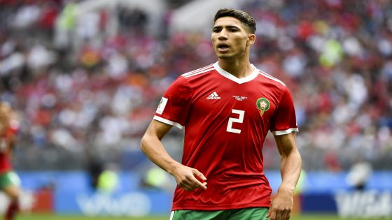 Achraf Hakimi of Morocco during the 2018 FIFA World Cup Group B match between Portugal and Morocco at Luzhniki Stadium in Moscow, Russia on June 20, 2018 (Photo by Andrew Surma/NurPhoto via Getty Images)