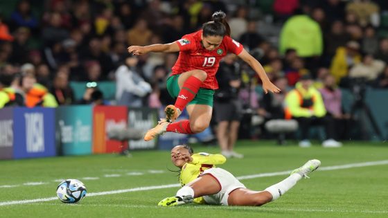 epa10782913 Sakina Ouzraoui of Morocco leaps over Manuela Vanegas of Colombia during the FIFA Women's World Cup 2023 soccer match between Morocco and Colombia at Perth Rectangular Stadium in Perth, Australia, 03 August 2023. EPA/RICHARD WAINWRIGHT EDITORIAL USE ONLY AUSTRALIA AND NEW ZEALAND OUT