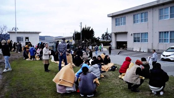 People sit outside in the open after evacuating from buildings in the city of Wajima, Ishikawa prefecture on January 1, 2024, after a major 7.5 magnitude earthquake struck the Noto region in Ishikawa prefecture in the afternoon. - Tsunami waves over a metre high hit central Japan on January 1 after a series of powerful earthquakes that damaged homes, closed highways and prompted authorities to urge people to run to higher ground. (Photo by Yusuke FUKUHARA / Yomiuri Shimbun / AFP) / Japan OUT / NO USE AFTER JANUARY 31, 2024 11:12:37 GMT - JAPAN OUT / NO ARCHIVES - MANDATORY CREDIT: YOMIURI SHIMBUN - NO ARCHIVES - MANDATORY CREDIT: Yomiuri Shimbun